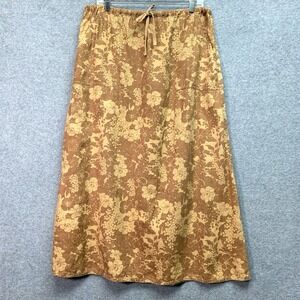 Eddie Bauer Maxi Skirt Womens L Brown Floral 100% Linen Elastic Drawstring Boho